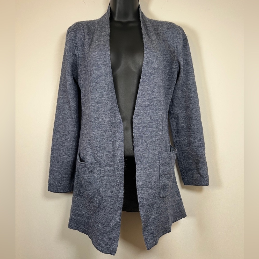 Alicia Adams Alpaca Grey Blue Reversible Open Cardigan Small Cozy Warm Natural